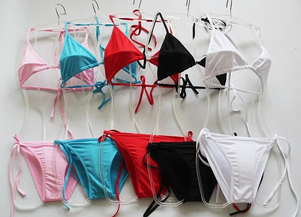 2024 New Women's Sexy Monochromatic Bikini Set with Bra Pad, Classic Swimsuit, Halter Bikini Set, Lace-up Briefs, Beachwear