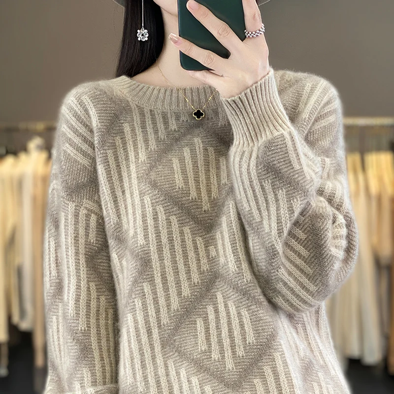 

Cashmere Sweater Women's Autumn Winter New Round Neck Color Matching Pullover Sweater Loose Fitting Versatile 100% Wool Sweater
