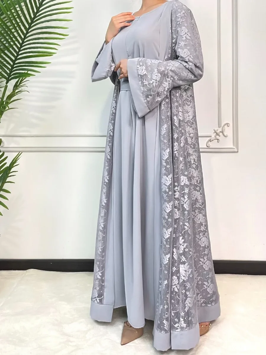 Lace abaya set and Ramadan holiday for women, two-piece inner dress, long luminous sleeves, caftan, Ramadan,