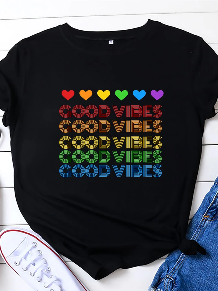 GOOD VIBES Rainbow Heart Print T Shirt Women Short Sleeve O Neck Loose Tshirt Summer Women Tee Shirt Tops Camisetas Mujer