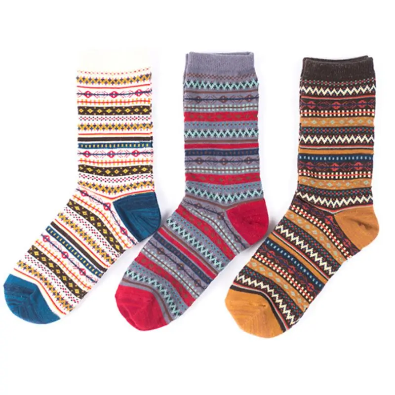 

3 Pairs Korean Womens Ethnic Wavy Stripes Cotton Socks Thick Warm Winter Casual Contrast Color Vintage Harajuku 37JB