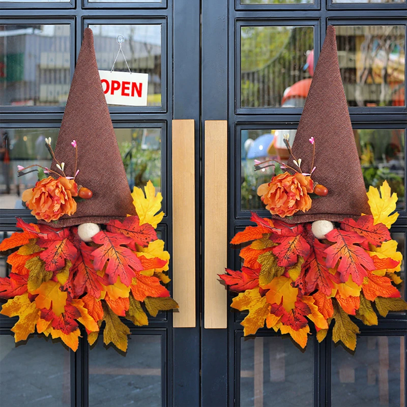 

1PC Autumn Maple Leaf Hat Wreath Harvest Festival Garland Sunflower Door Hanging Wall Hanging Thanksgiving Day Home Decoration