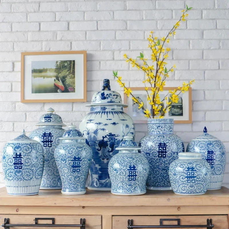 Jingdezhen Double Happy Ceramic Chinese Vase Blue and White Ginger Jars for Home Decor Pot Table Vase Porcelain Temple Jar Vase 6