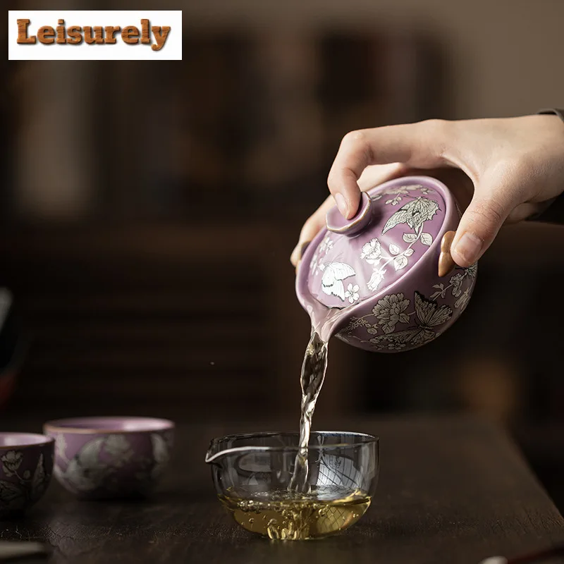 Gilt Silver Butterflies In Love With Flowers Travel Tea Set Kit Retro 1 Pot 3 Cups Tea Brewing Organizer Portable Picnic Handbag