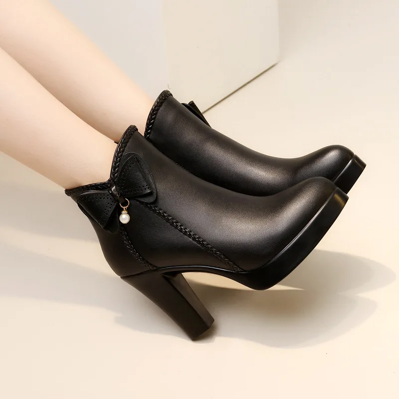 High quality short ankle leather boots for women 11cm high heel platform new 2023 autumn winter 33 42 43  elegant shoe - black