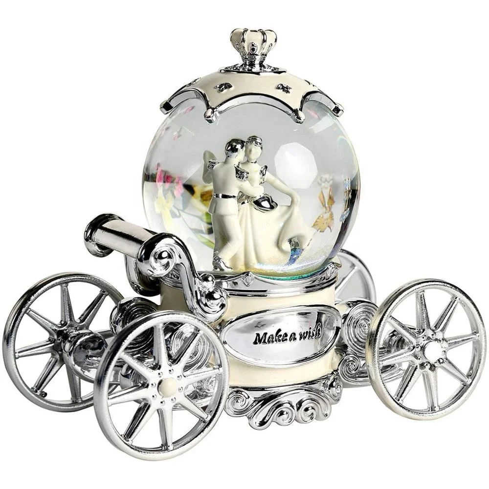 

Romantic Pearl White Ivory and Silver Fairy Tale Dancer snowglobe Carriage Music Box