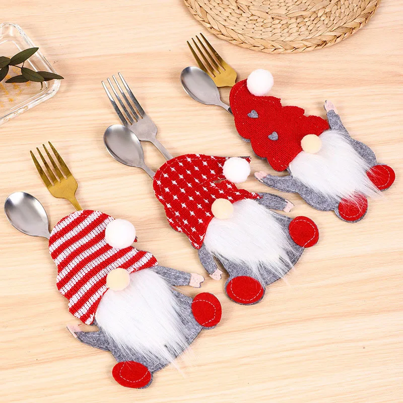 (1pcs) 16 * 11cm Knife And Fork Set Decoration Christmas Faceless Doll Tableware Decoration Santa Claus Cartoon Felt Table Props