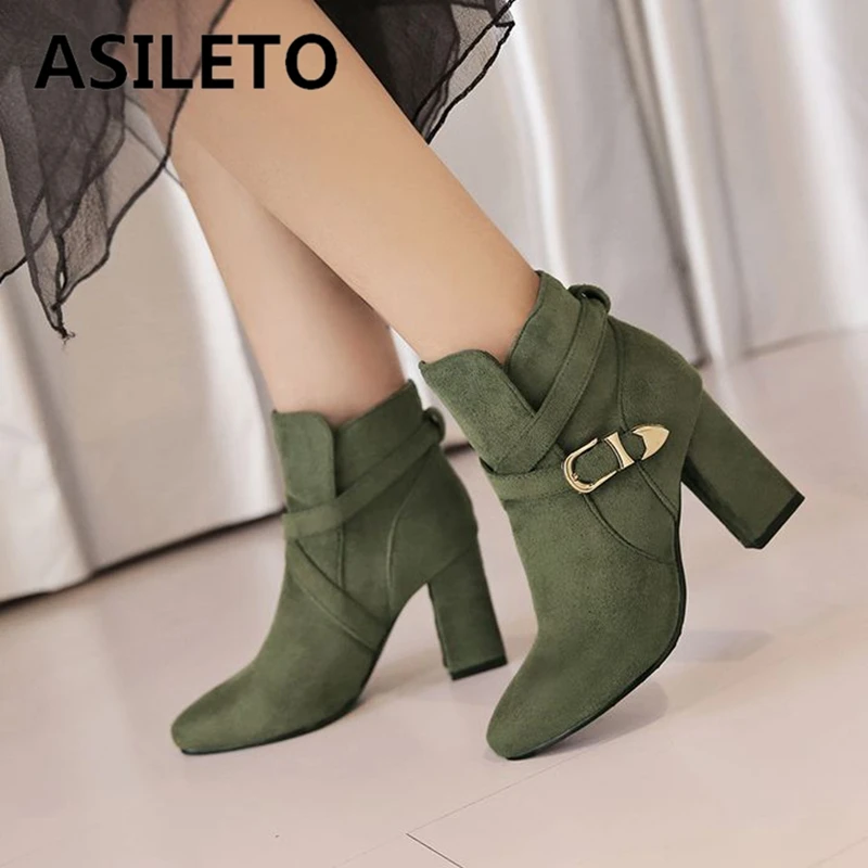 

ASILETO Brand Women Ankle Boots Pointed Toe Block Heels 8.5cm Slip On Metal Decoration Flock Elegant Daily Bota Big Size 42 43