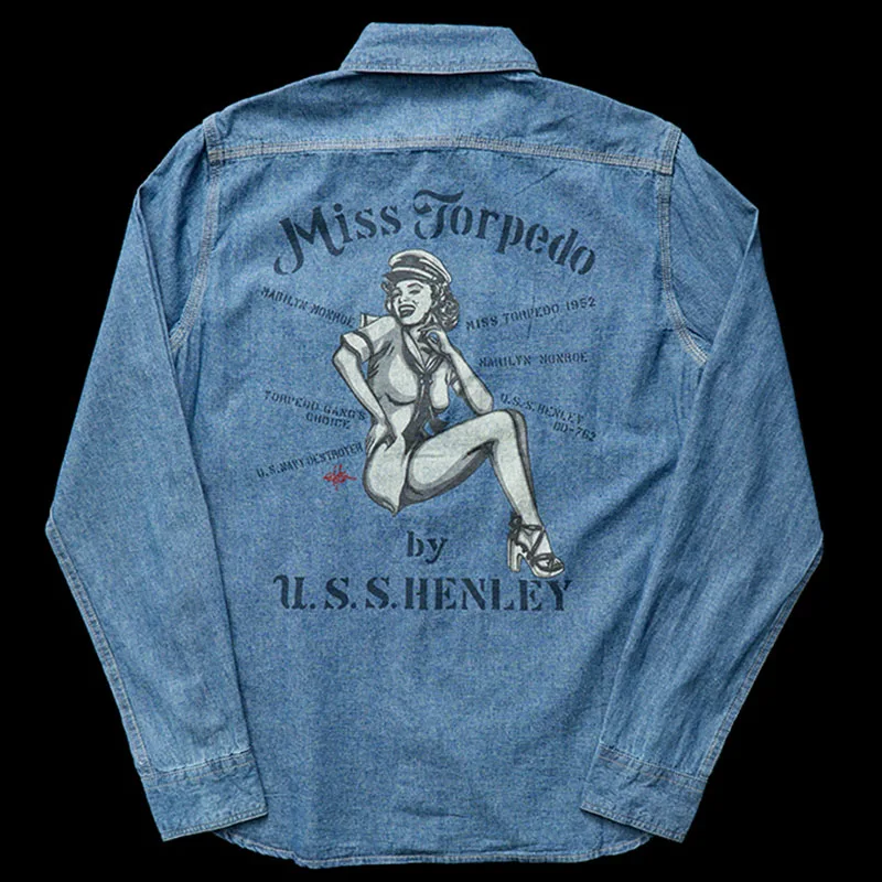 Men's Long Sleeved Denim Shirt Vintage Washed Casual Jeans Shirt Coat Top Male Monroe Printing