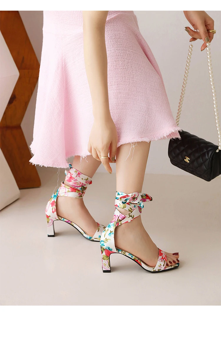 Classic Retro Style Printed Silk High Heel Sandals Flower Ankle Bow Knot Hollow Open Toe Women's Sandals Ethnic High Heel Shoes