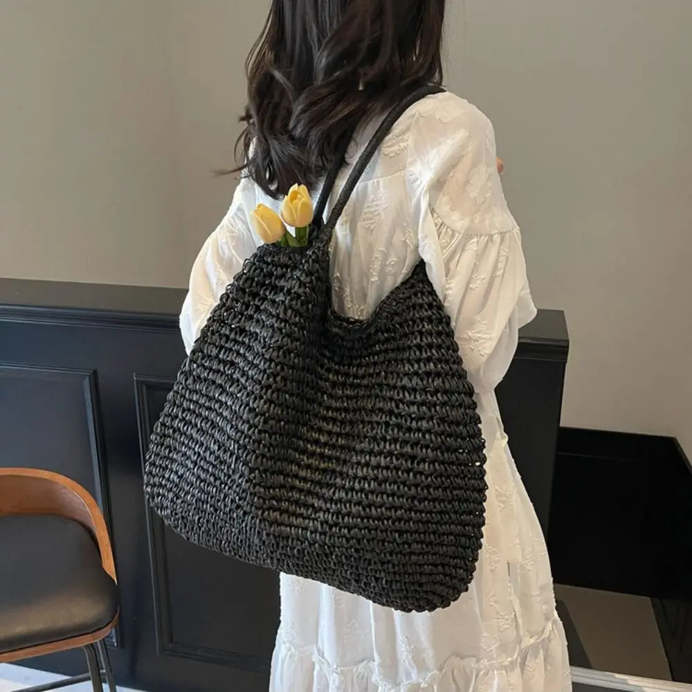 Borsa a Spalla in Paglia con Manico Superiore e Intaglio, Borsa Tote Bohemien Traspirante Intrecciata con Nappa, Borsa Casual Estiva da Spiaggia per Vacanze - immagine 5
