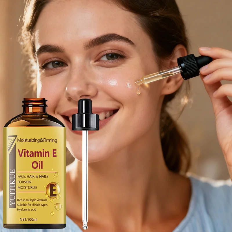 Vitamin E oil moisturizes and firms, rich in various vitamins and hyaluronic acid, suitable for all skin types.