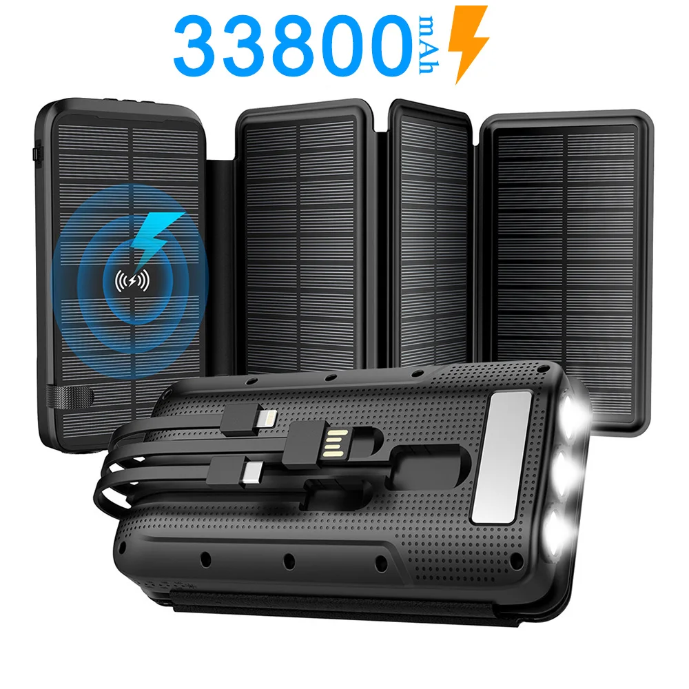 

33800mAh Solar Power Bank Charging Portable Powerbank Three defenses External Battery Charger Strong LED Light Double USB Power