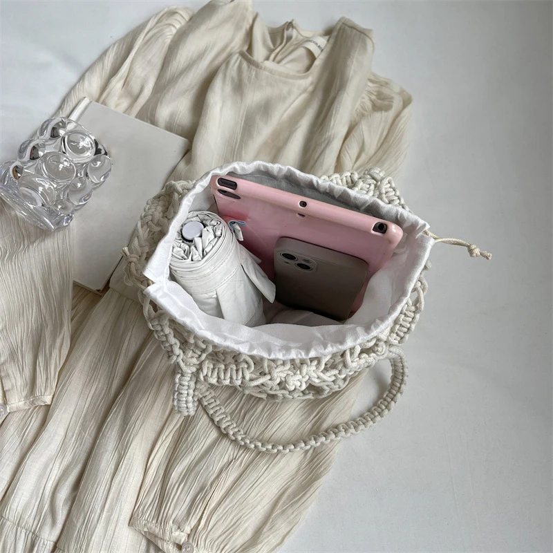 Ladies Summer Bucket Shoulder Bag Phone Purse Handmade Hollow Out Cotton Rope Crochet Bag Small Handbag For Women