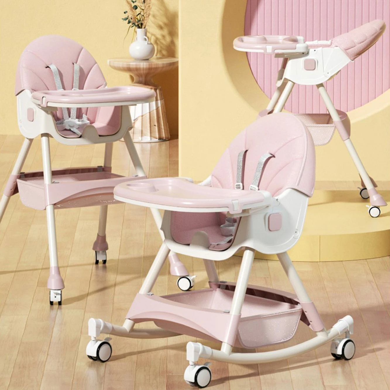 Chaise haute pour enfant multifonctionnelle rose