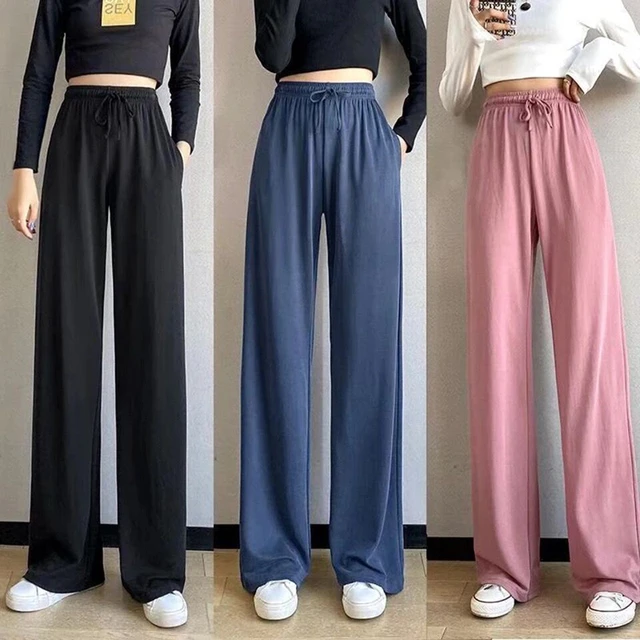 Pantalones de pierna ancha de seda de hielo para mujer, pantalones casuales  rectos y sueltos de