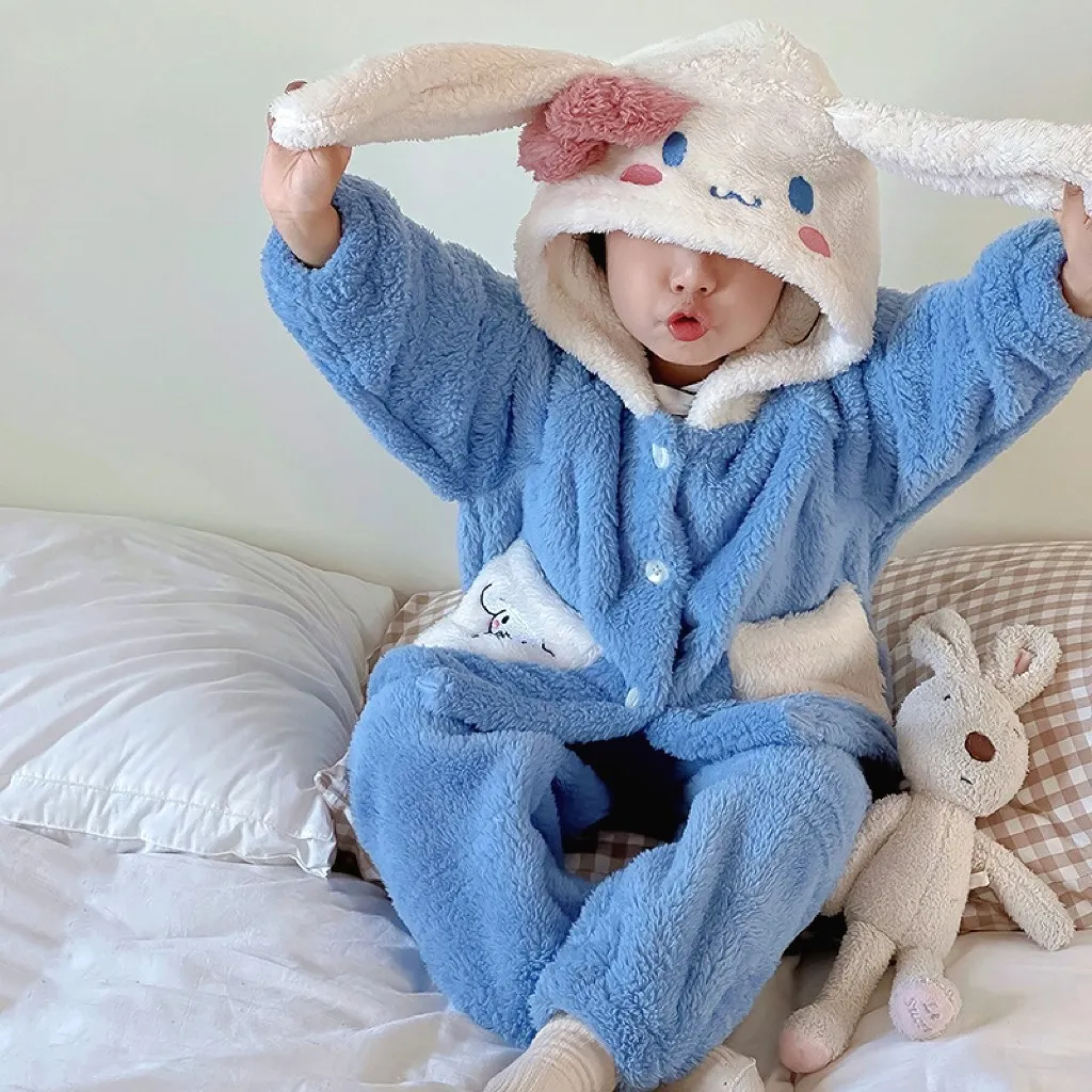 

Kawaii Sanrio детские плюшевые пижамы набор Mymelody Cinnamoroll мультфильм аниме длинный рукав брюки с капюшоном теплые мягкие комплект из двух частей подарки