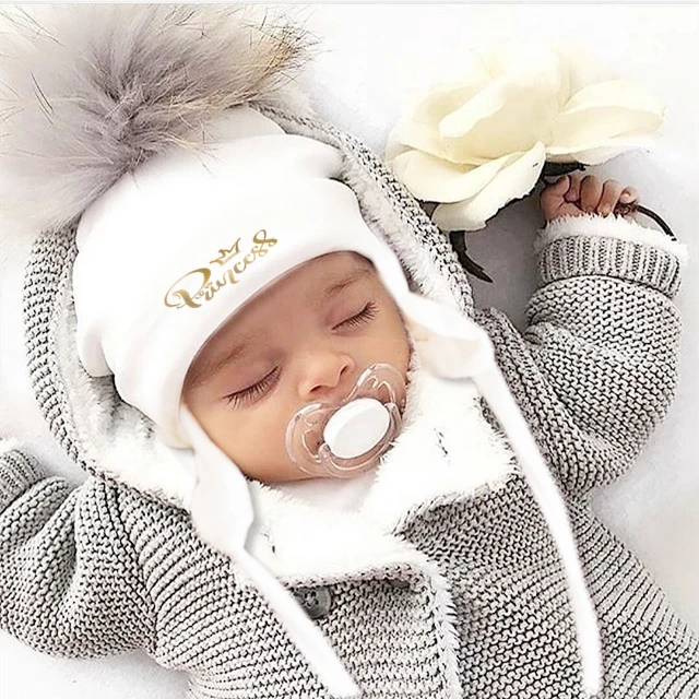 Newborn Baby hat for Boys Girls with letter princess prince ear Warmmer earflap rope Winter Cotton Beanie Pom Pom Bobble Hat