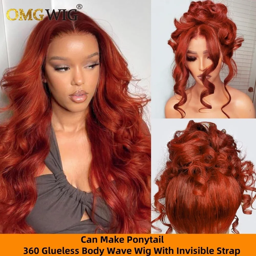 360 Glueless Body Wave Wig With Invisible Strap Ginger Color Human Hair Wig For Black Women Orange Red Pre-Cut Wear To Go