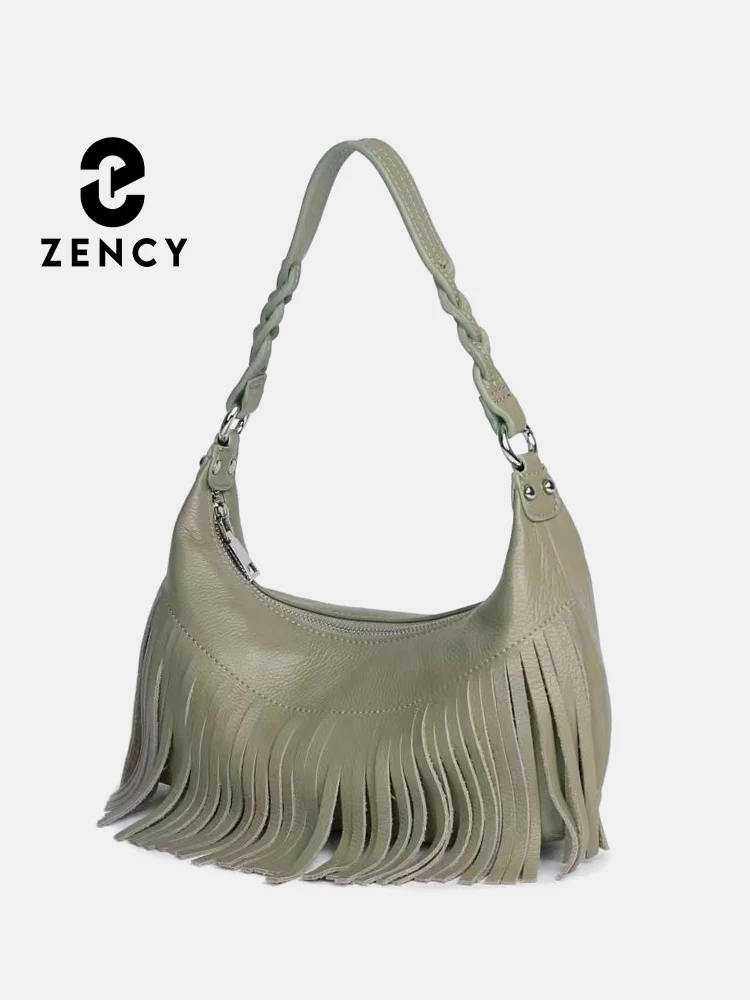 

Модная черная сумка Zency из 100% натуральной кожи, мягкая Наплечная Сумка Хобо, женские сумки, дизайнерская сумка через плечо с кисточкой и подмышками