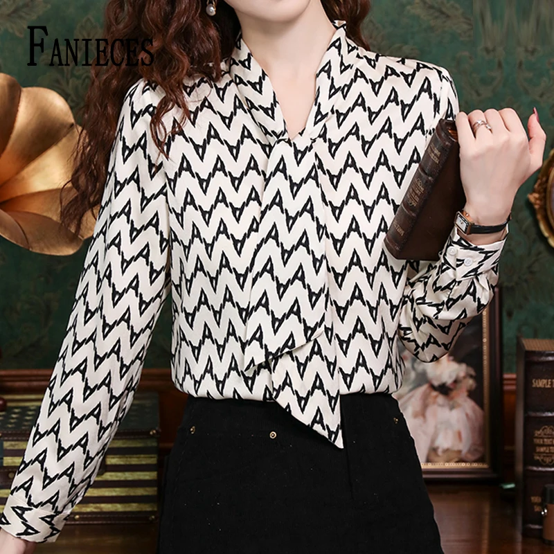 

Женские элегантные офисные блузки FANIECES, роскошная женская шифоновая рубашка с принтом и бантом, весенние топы с длинным рукавом