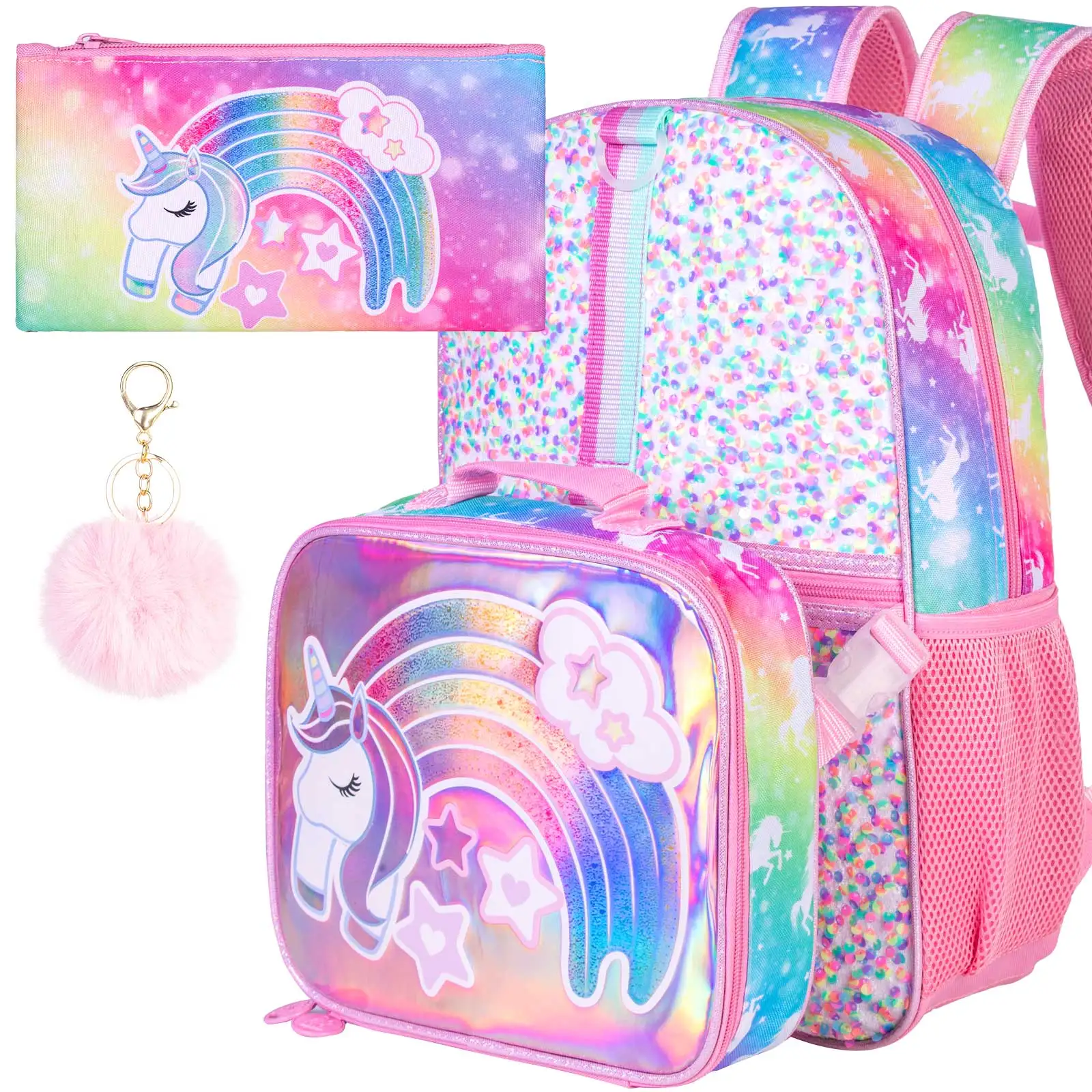 School Bag KLFVB 3PCS Girls Unicorn Backpack, 16
