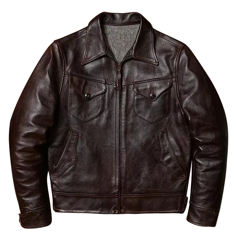 

Wine Red Men's Spring Jacket Plus Size American Casual Style Natural Cowhide Autumn Slim Fit Short Genuine Leather Coats
