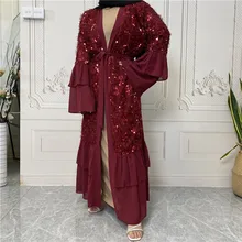

New Sequin Chiffon Flare Sleeve Muslim Cardigan Women Muslim Fashion Dubai Abaya Turkey Long Dress Abaya Kimono