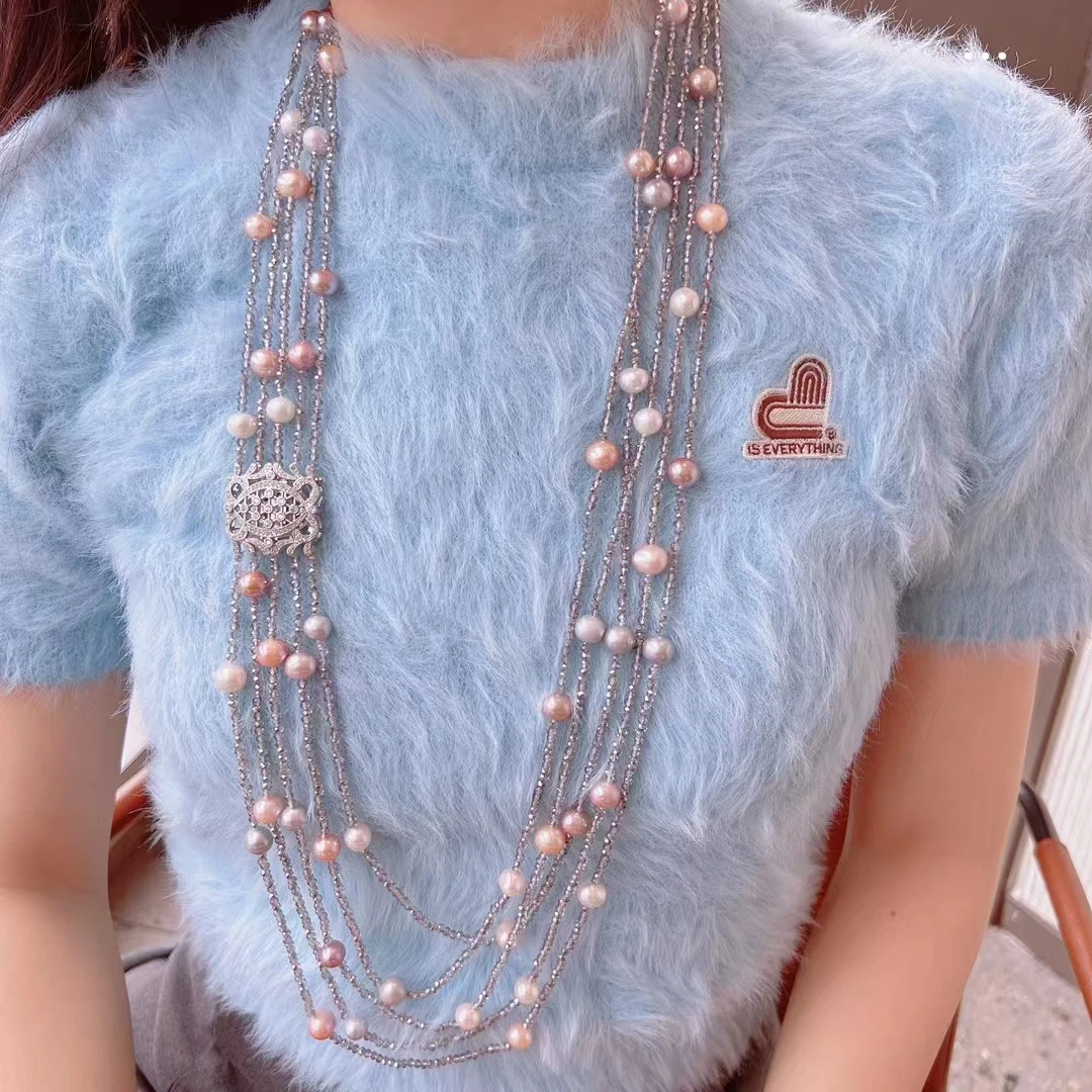 5 Strands Natural Colorful Pearl Gray Faceted Crystal Necklace Handmade Multi Strands Necklace Fashion Jewelry
