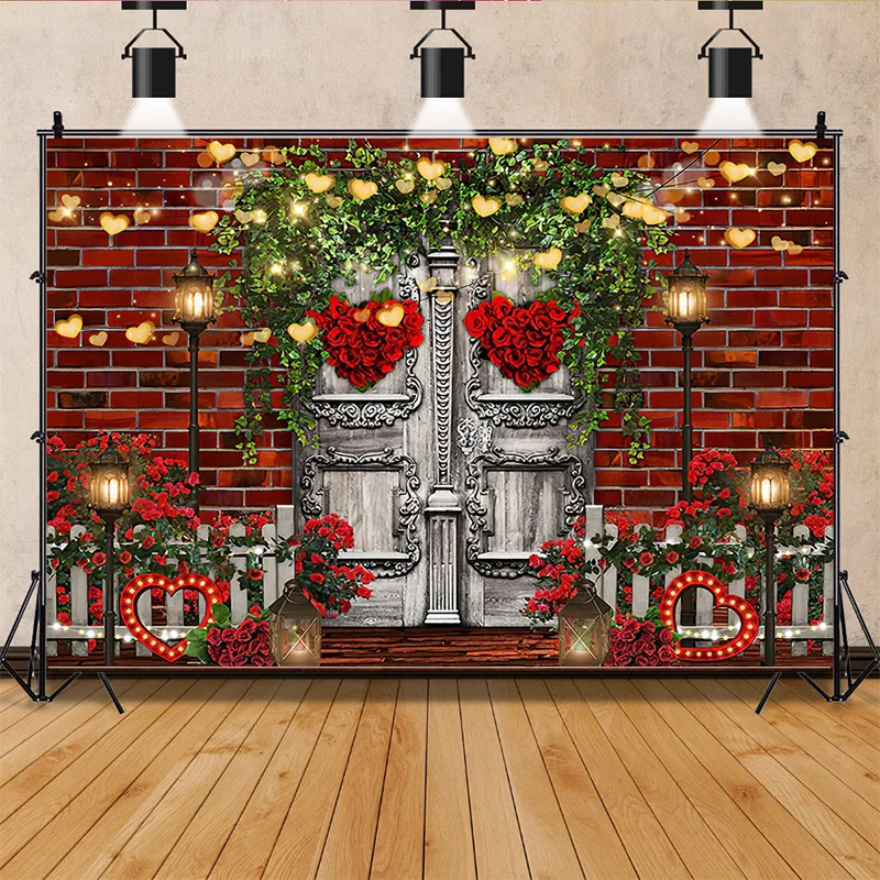 

SHENGYONGBAO Glamorous Valentine's Day Photography Backdrops Props Pink Bokeh Red Rose Vintage Wooden Door Wall Background AL-21