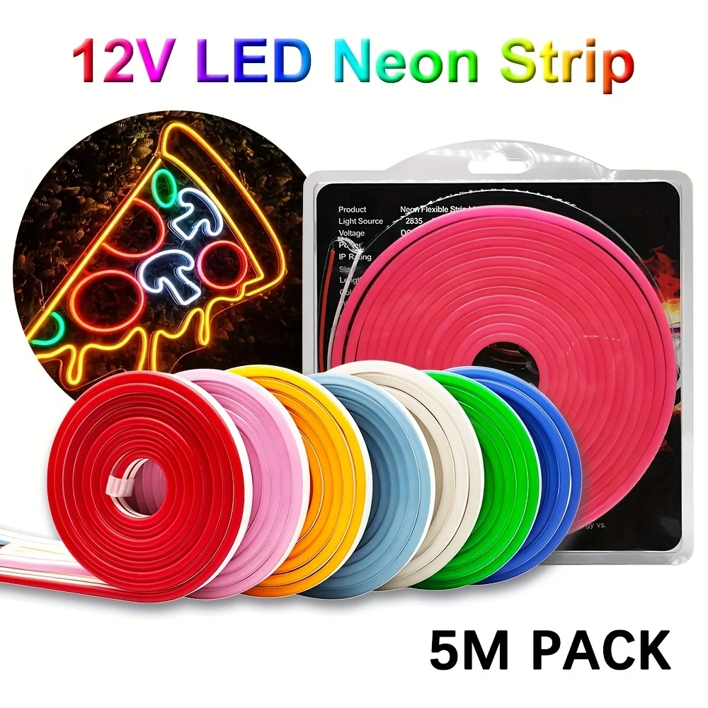 LED Strip Light 5M 12V Waterproof Silicone Neon Single Color Flexible For Bedroom Living Room Party DIY Decoration