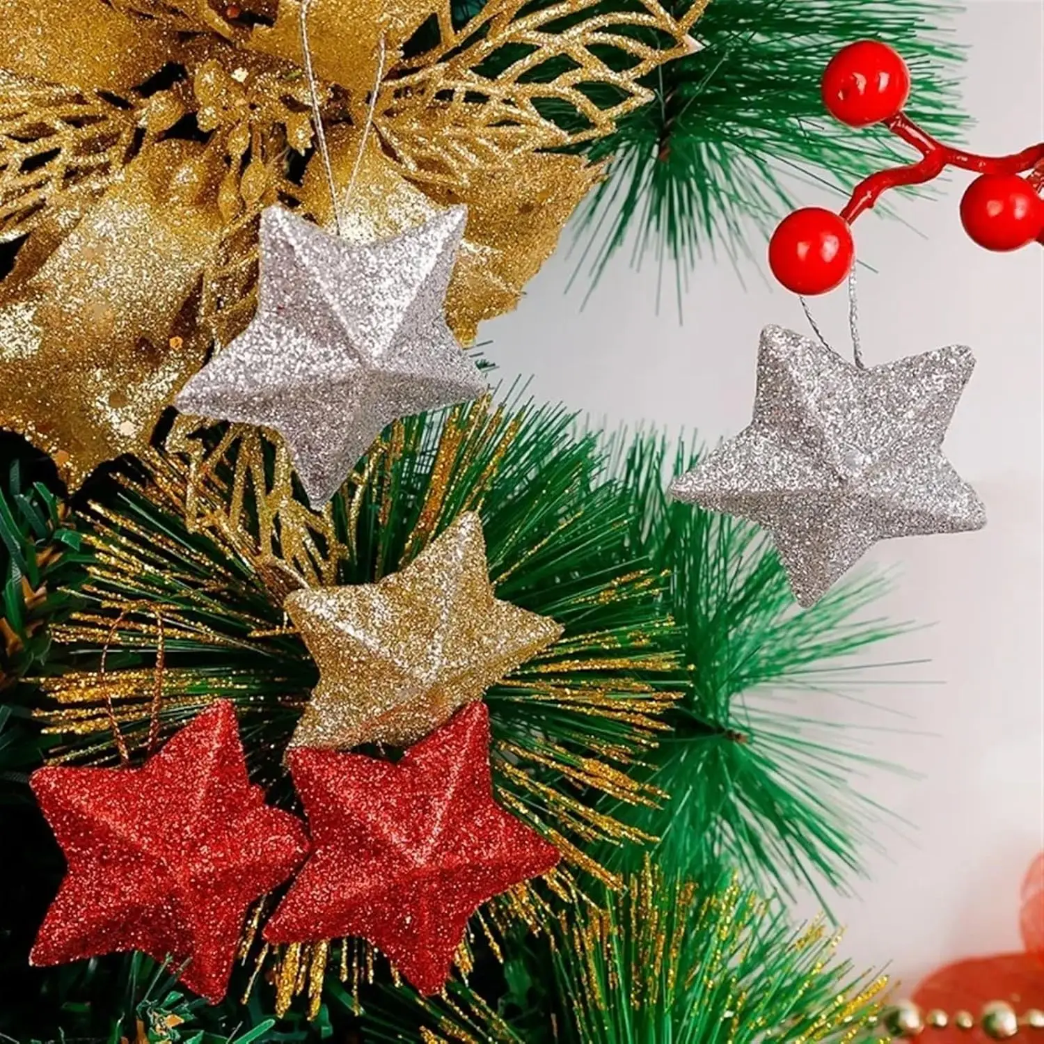 4/24PCS Glitter Star Christmas Ornament Silver Gold Pentagram Xmas Tree Hanging Pendant Festival Wedding Party Home Decoration