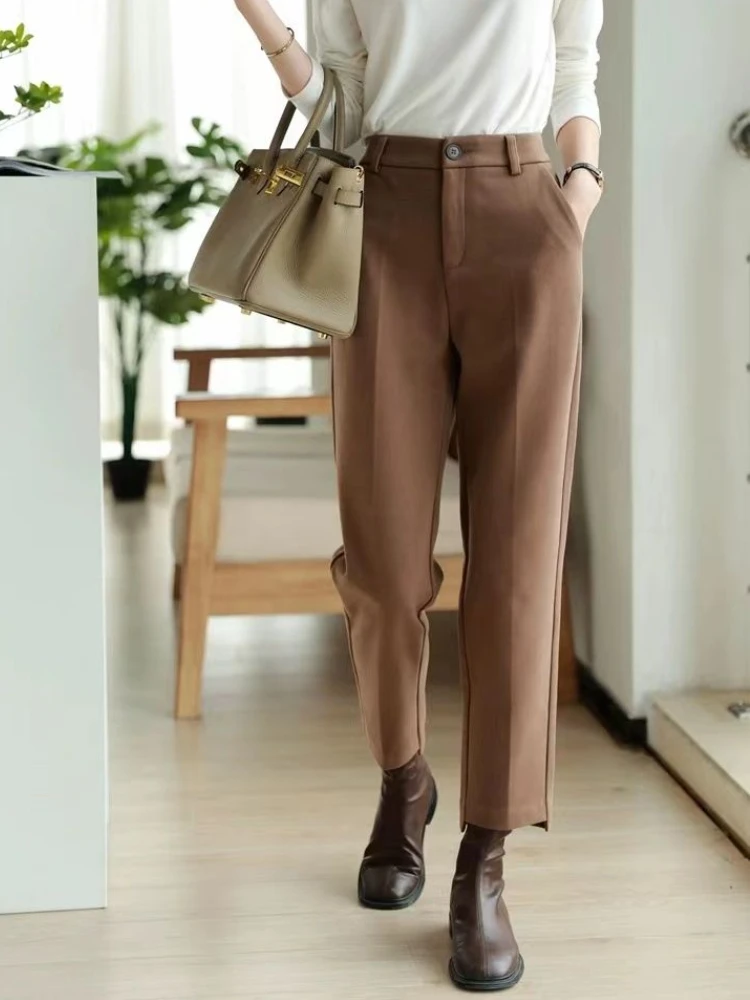 

Woolen Cloth Casual Trousers High Waist Slim LOOSE Solid Ankle-Length Pants Autumn/Winter New 2023 Fashion Warm Black Pants