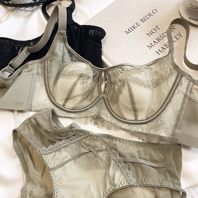 Lace ultra-thin non-steel ring crystal cups lingerie women large size gathering side breast collection underwear bra set