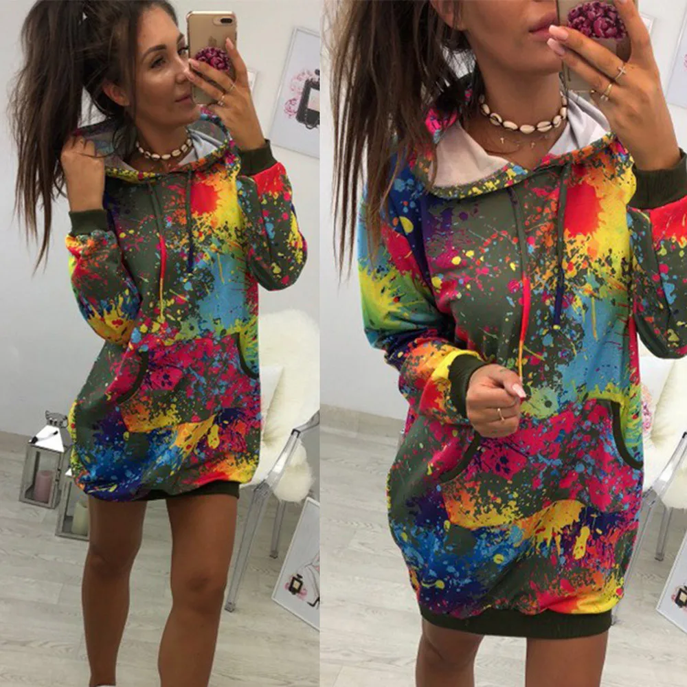 

Fashion Womens Colorful Tie dyeing Print Sweatshirt Hooded Overcoat Blouse Tops Hoodie Sweater Dresses for Women Light