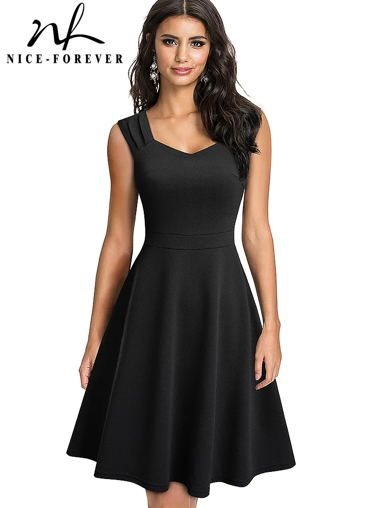 Nice-Forever New Summer Tinta Unita Retro Sun Dresses Party Flare Swing Women Dress A246