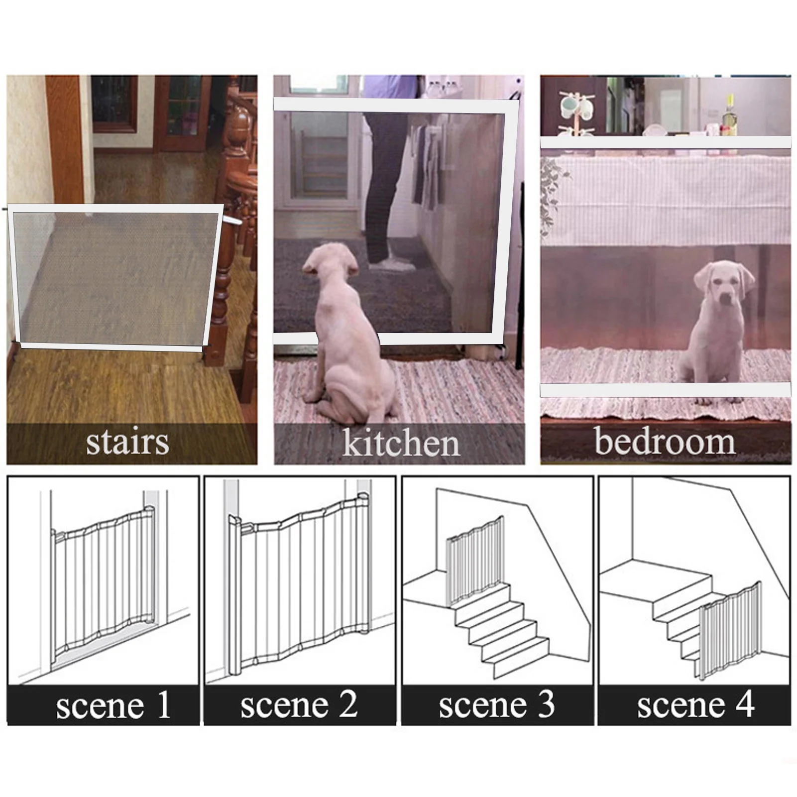 Pet Fence Barrier Foldable Pet Mesh Gate Dog Cat Fence Isolation Gate 4 Adhesice Hooks Retractable Mesh Playpen Dog Safety Fence