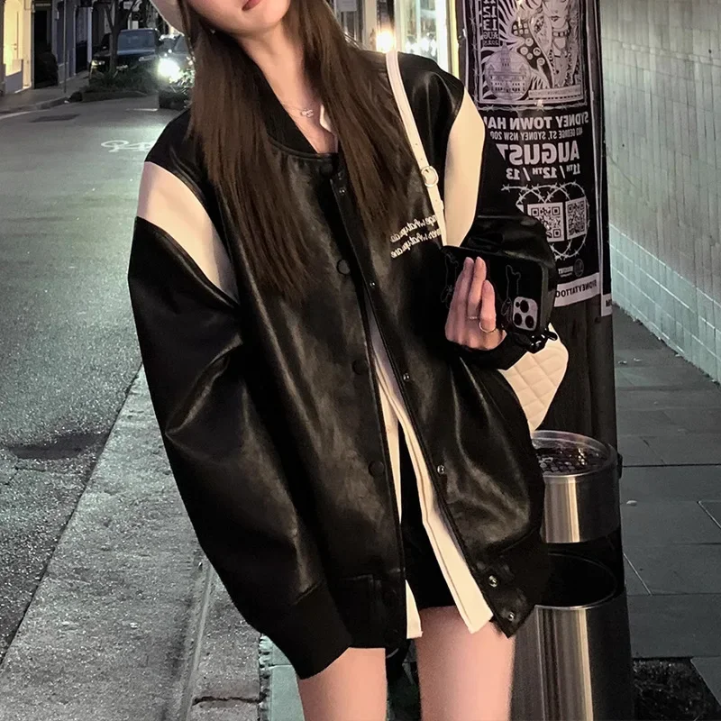 

American Retro Sweet Cool Baseball Uniform Leather Women 2023 Autumn Long-sleeved Fashion Women's Clothing