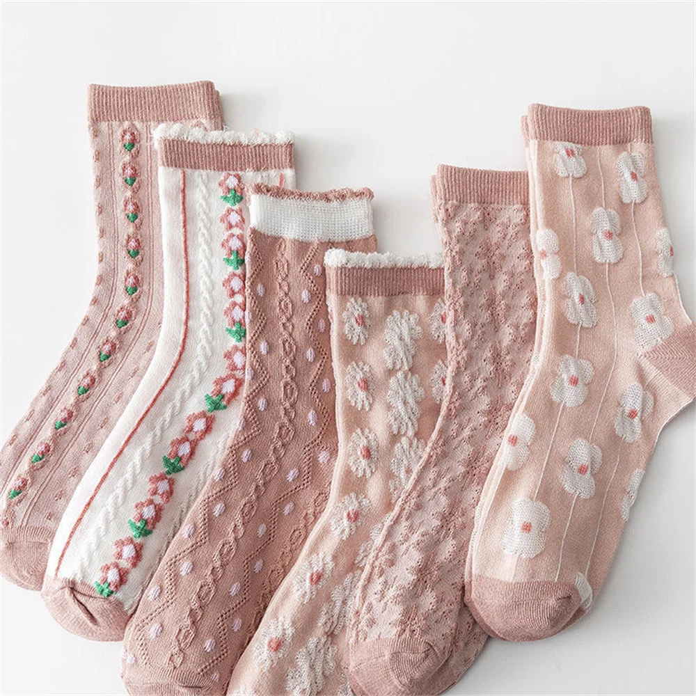 

6pcs/lot Lovely pink socks ins medium tube socks embossed spring new female socks all season long tube fashionable socks