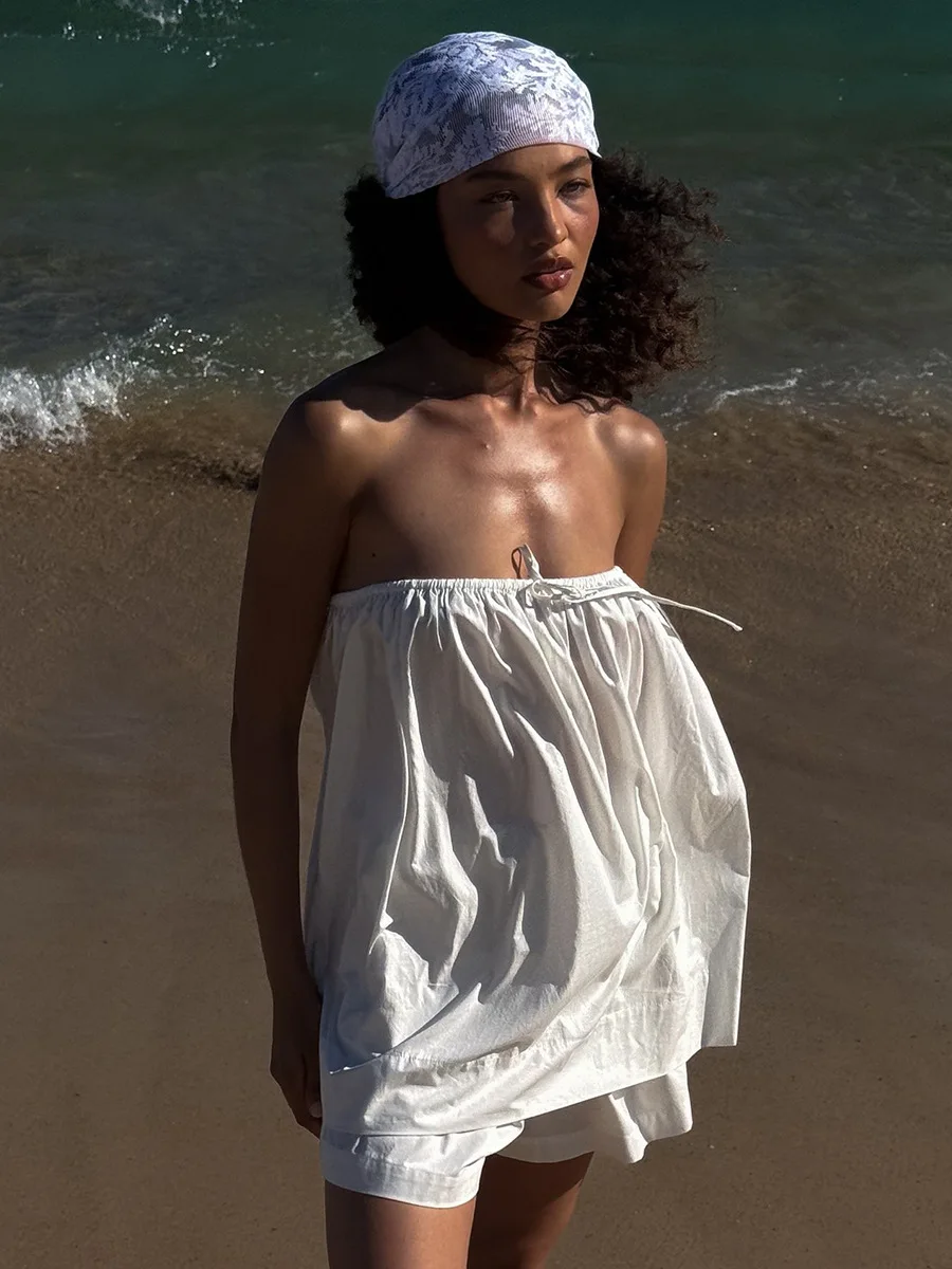 Bornladies Women's 2026 Spring Summer New Shorts 2-Piece Set Comfortable Ruched Strapless Off-Shoulder Top Casual Shorts Set