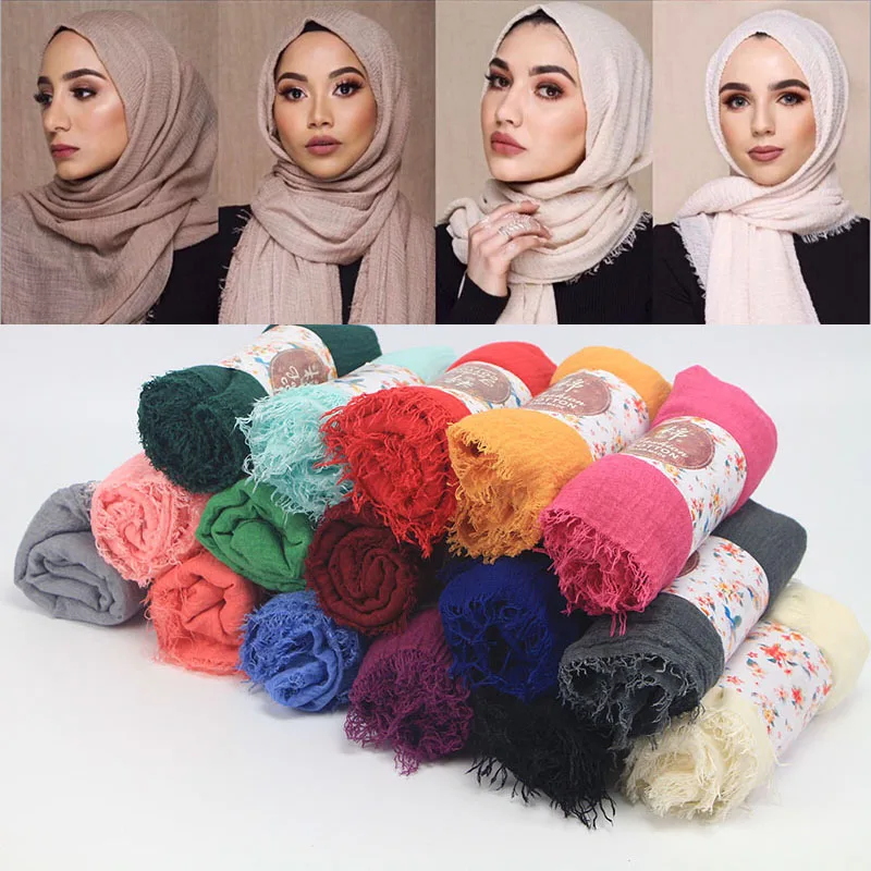 

Solid 90*180cm Women Scarf Shawl Neckerchief Crinkle Muslim Hijab Soft Cotton Linen Headscarf Islamic Hijab Scarves Wraps