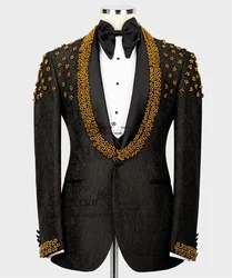 Fashion Jacquard Men Suit Luxury Gond Gem Pearls Groom Tuxedos 2 Pieces Sets Male Prom Party Blazers Slim Wedding Costume Homme