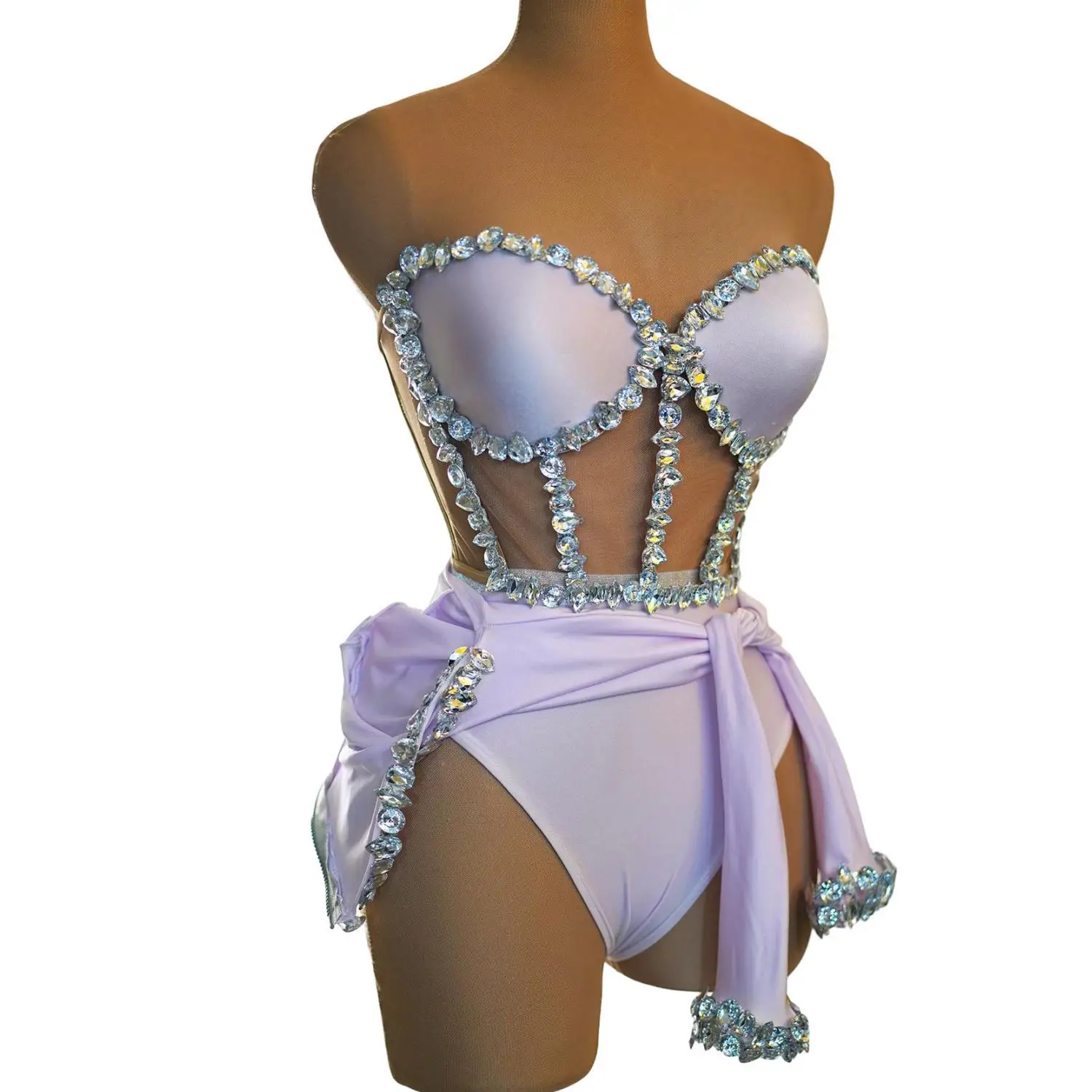 New Sparkly Hot Drilling Process Rhinestone Women Bodysuit Set Sexy 3-Piece Stage Wear Dance Event Drag Queen Costume Jianmei