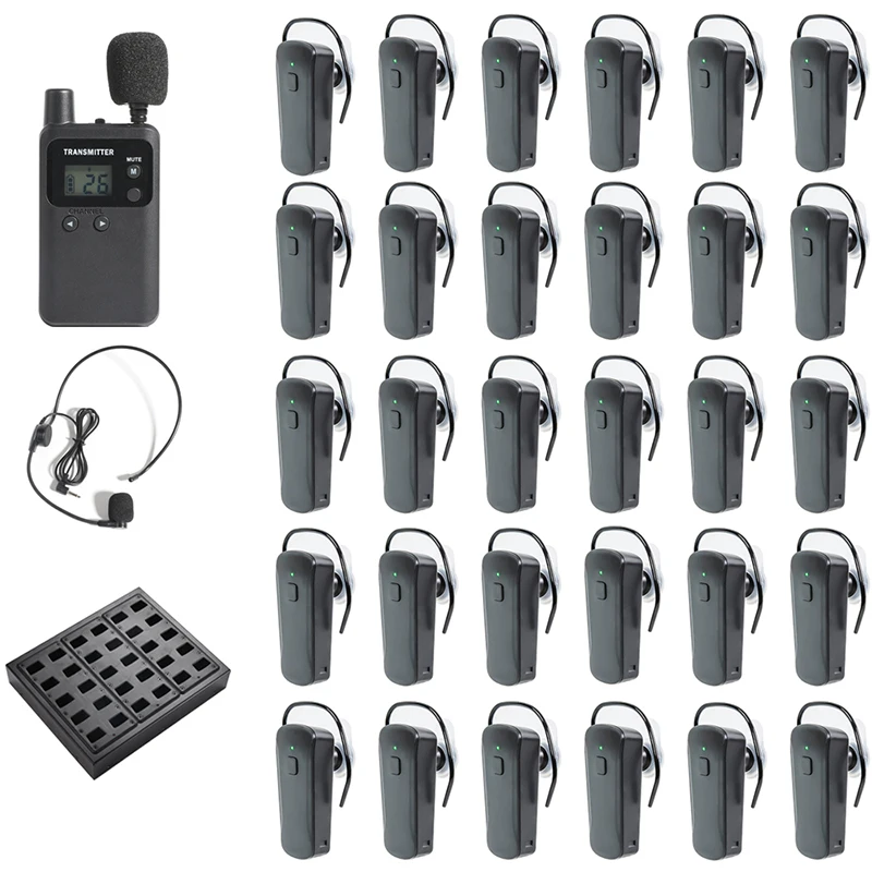 

Wireless Whisper Tour Guide System 1 Transmitter with 2 Microphones, 30 Ear Receivers 911R, 1 Charger for Interpretation