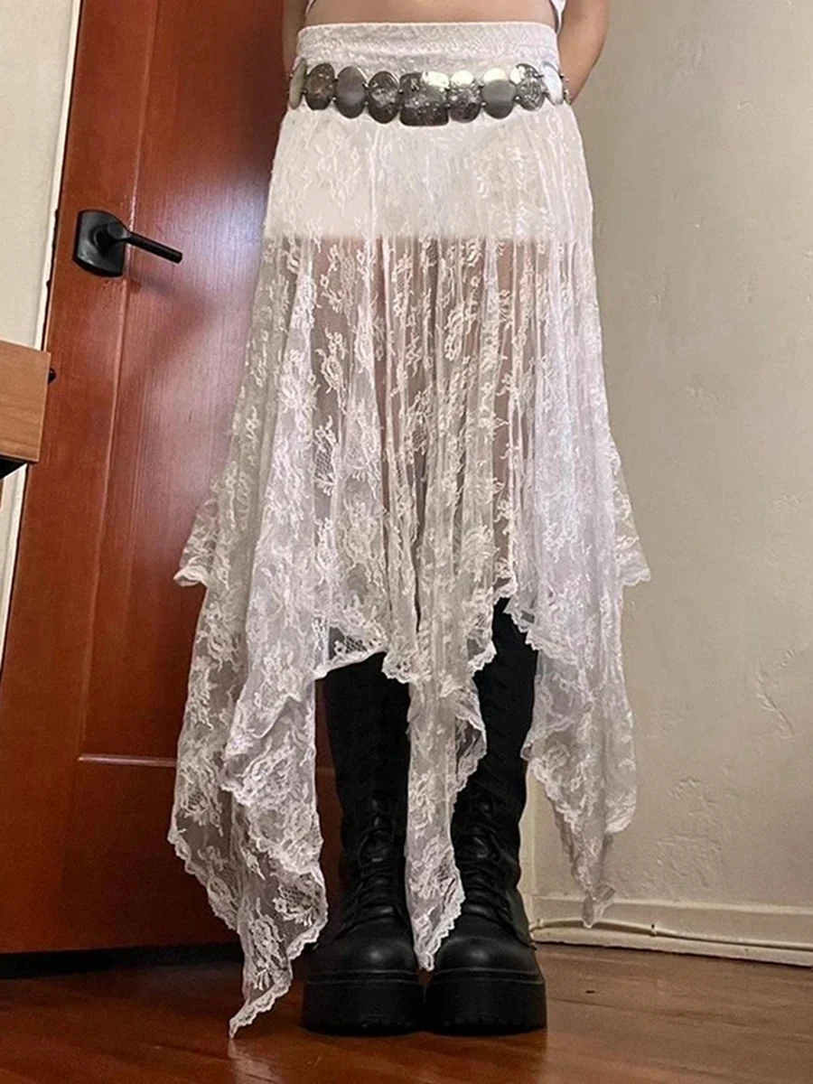 

Женская сетчатая кружевная длинная юбка, асимметричные многослойные юбки макси с оборками, Цветочная Прозрачная Юбка Y2k, уличная одежда