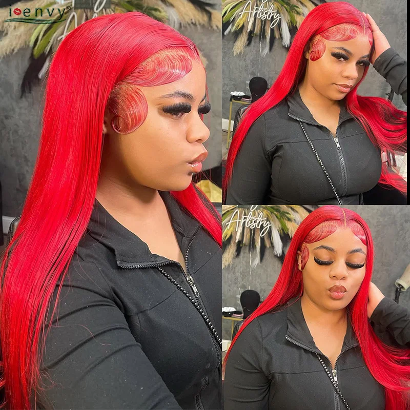 밝은 빨간색 인모 가발 13X6 13X4 스트레이트 HD 레이스 프론트 가발 버건디 99J 컬러 레이스 프론트 가발 (흑인 여성용) 프리 플러킹 처리됨