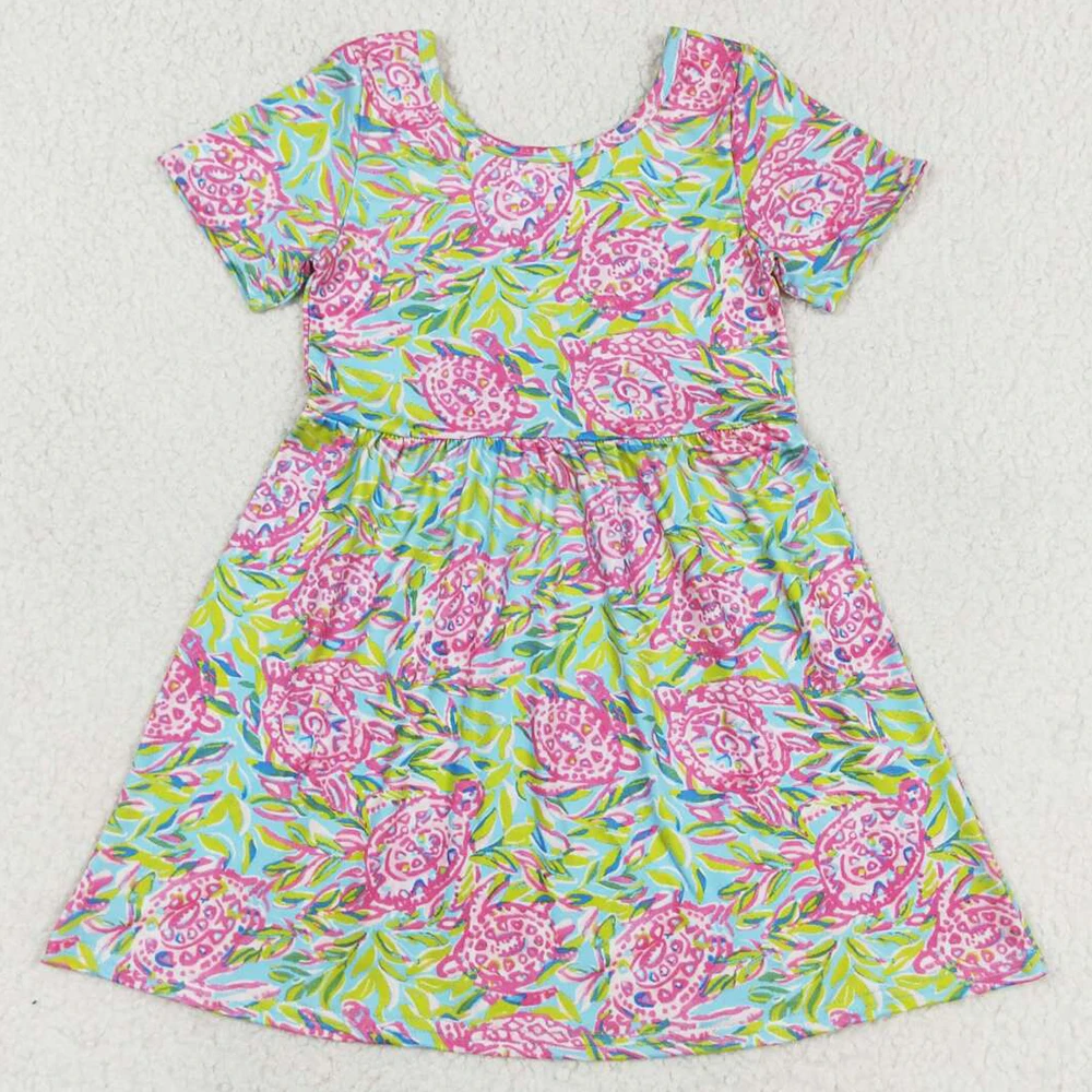 NEW Fashion Kids Designer Clothes Girls Flower Short Sleeve Knee Length Dresses Boutique Baby Girls Dress Children Clothing Hot