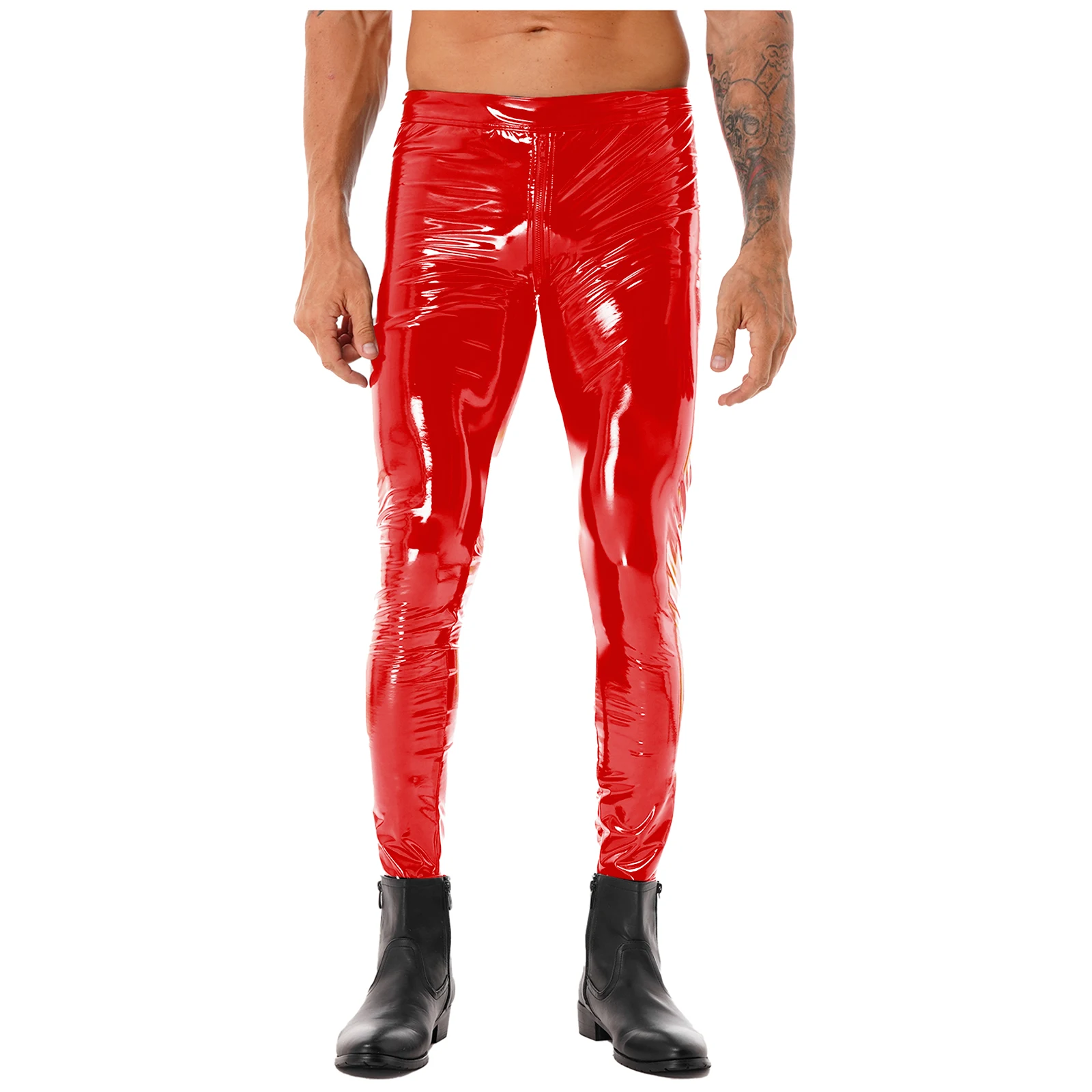 Mens Glossy Patent Leather Pants Soild Color Two-way Zipper Crotch Skinny Trousers Clubwear Leggings Motorcycling Costume
