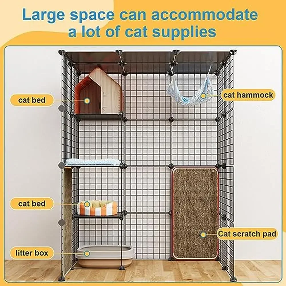 Large 4-Tier Metal Cat Cage with Scratch Blanket Modular Cat Enclosures Indoor Playpen Detachable Wire Kennel Crate Exercise