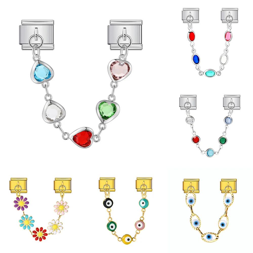 Bunter Stein, rundes Herz, Gänseblümchen-Teufelsauge-Kette, italienischer Charm-Glieder, passend für 9 mm Edelstahl-Armbänder, DIY-Perlen zur Herstellung von Schmuck – Detail 1